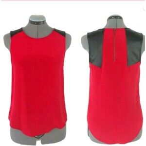 Parker Red Size XS Sleeveless Silk Blouse w/Leather Shoulders